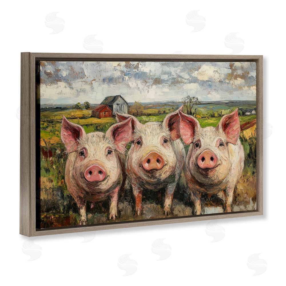 Petal Prints Design Classic Barnyard Pigs in Countryside Brown Floating Frame Canvas Wall Art Print