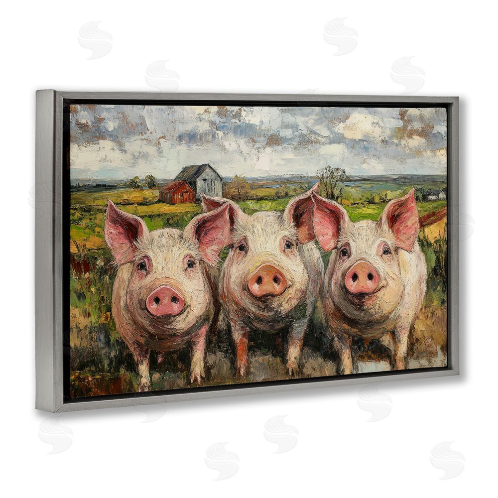 Petal Prints Design Classic Barnyard Pigs in Countryside Gray Floating Frame Canvas Wall Art Print