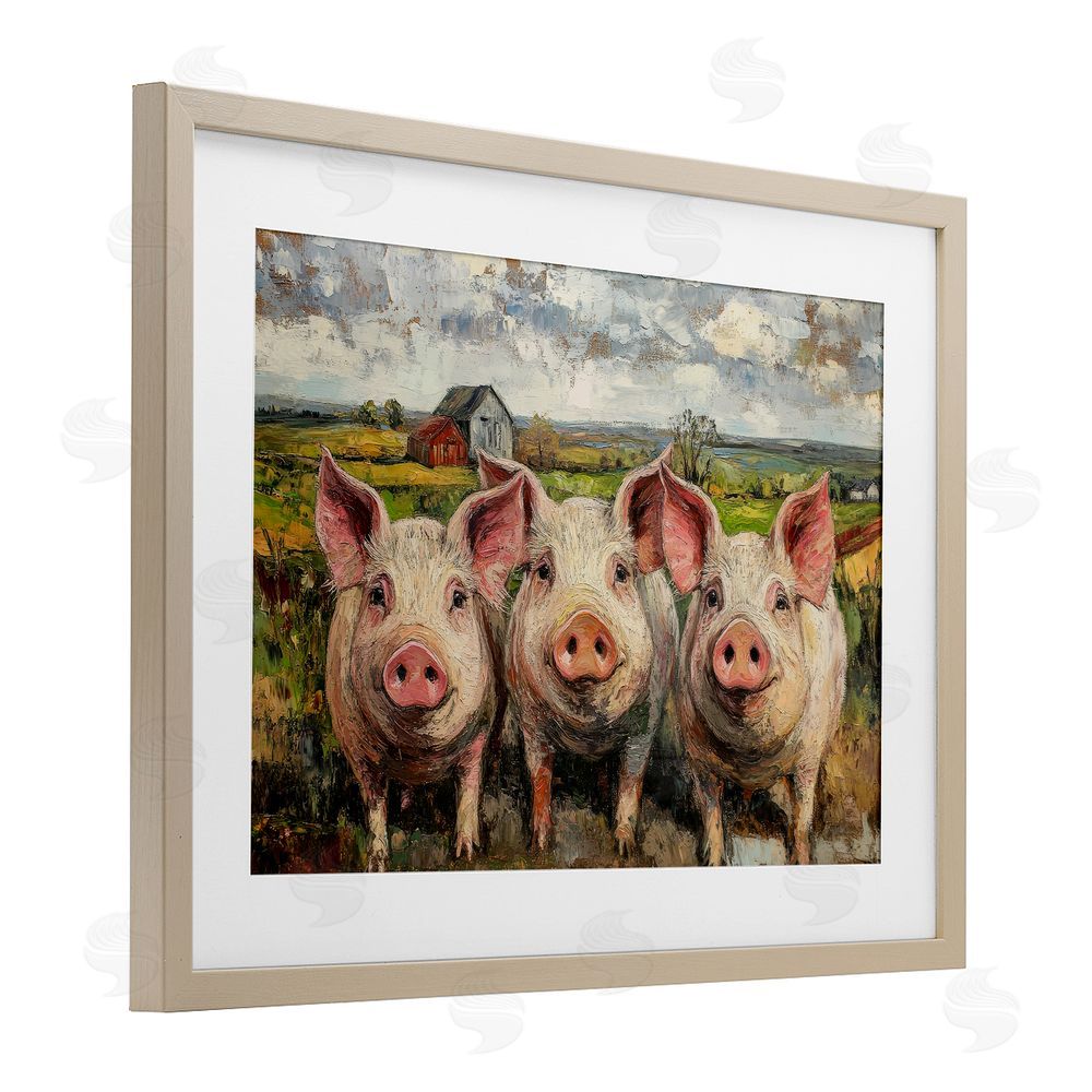 Petal Prints Design Classic Barnyard Pigs in Countryside Brown Framed Print Under Glass Wall Art