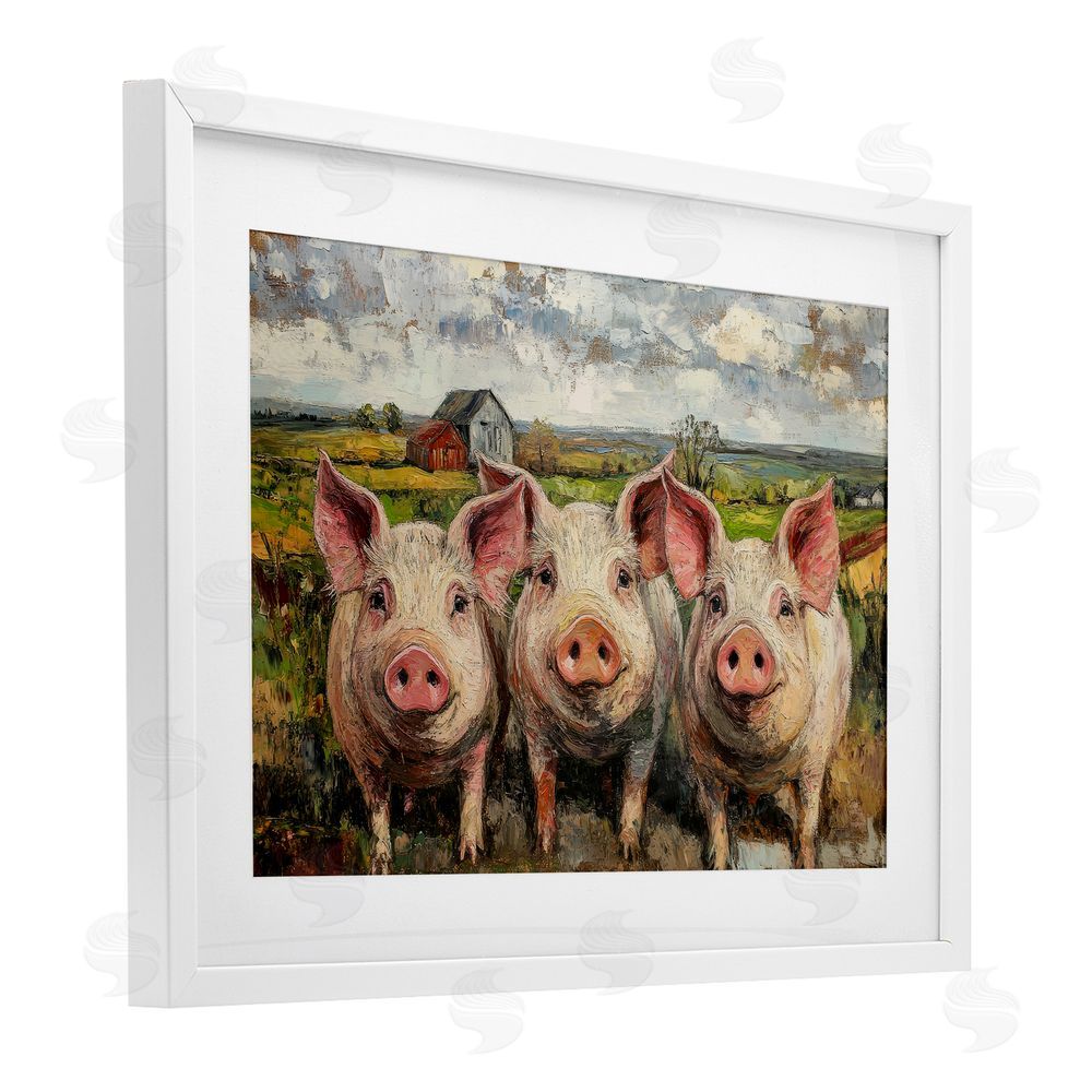 Petal Prints Design Classic Barnyard Pigs in Countryside White Framed Print Under Glass Wall Art