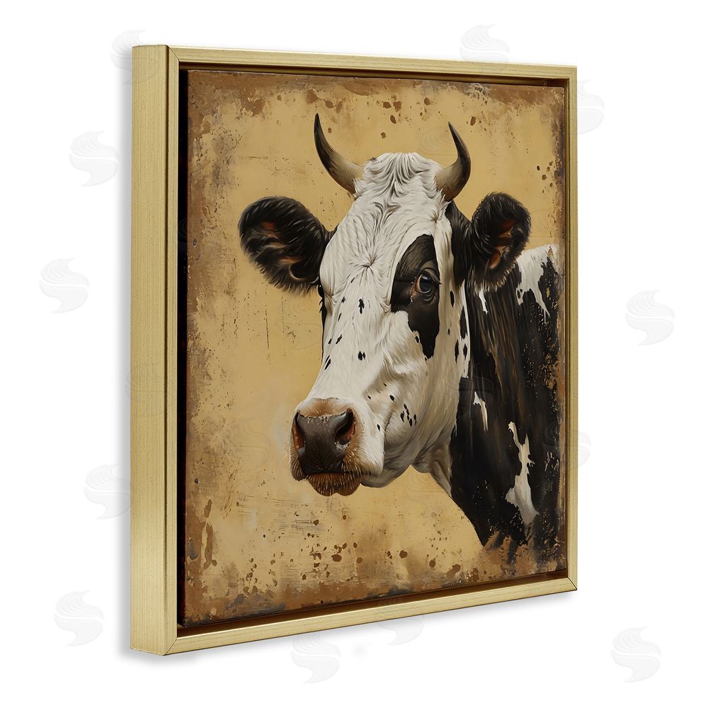 Creative Studio Spotted Brown Cow Portrait Gold Floating Framed Canvas Wall Art Print