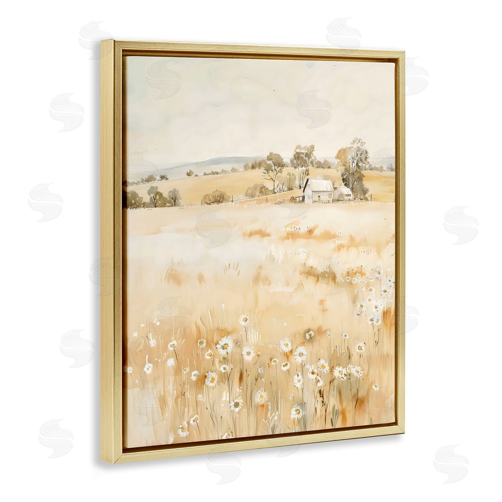 Creative Studio Farm Country Meadow with Daisies Gold Floating Framed Canvas Wall Art
