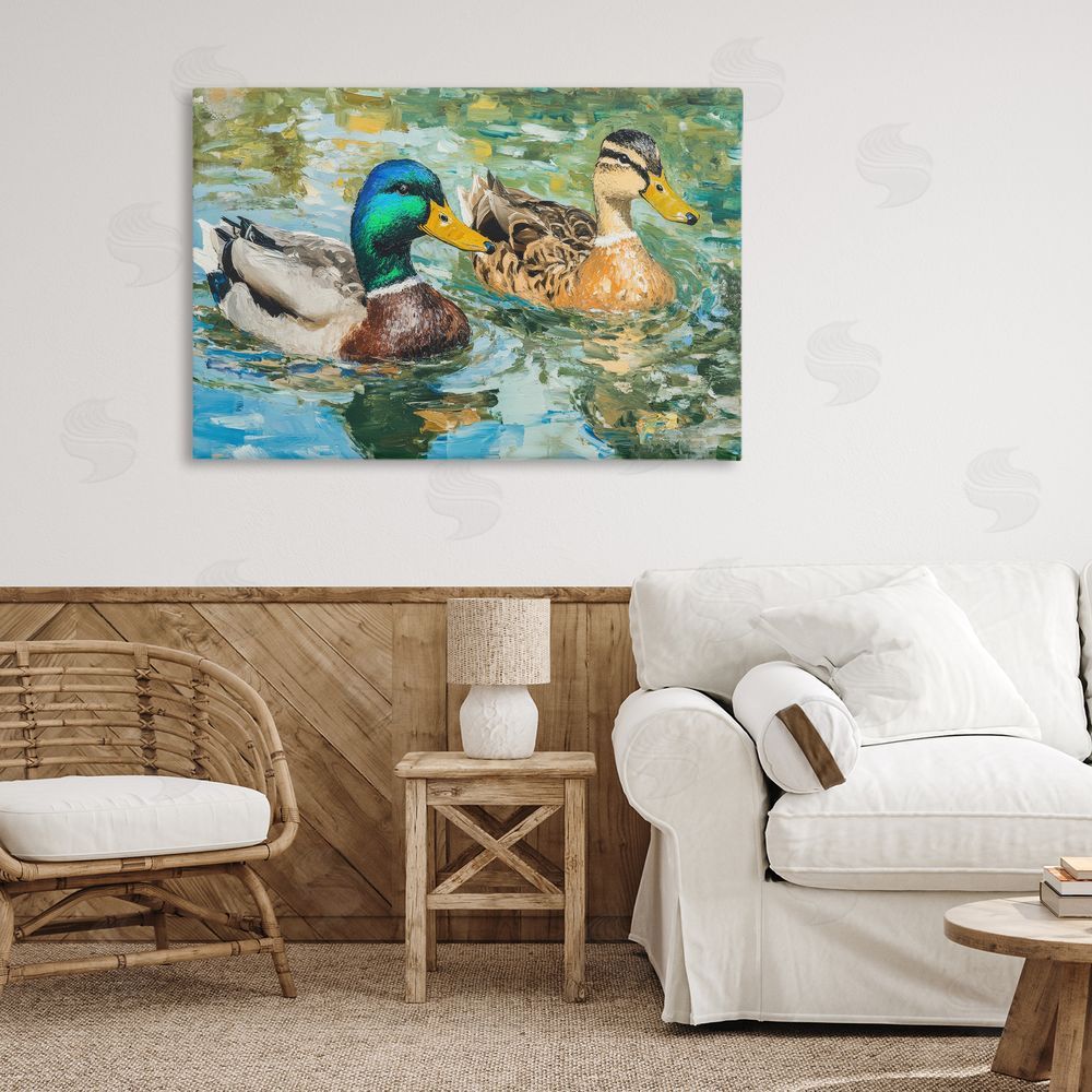 Petal Prints Design Ducks Out For A Swim Stretched Canvas Wall Art in Room