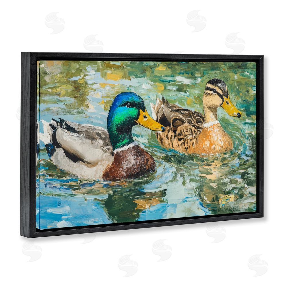 Petal Prints Design Ducks Out For A Swim Black Floating Frame Canvas Wall Art Print