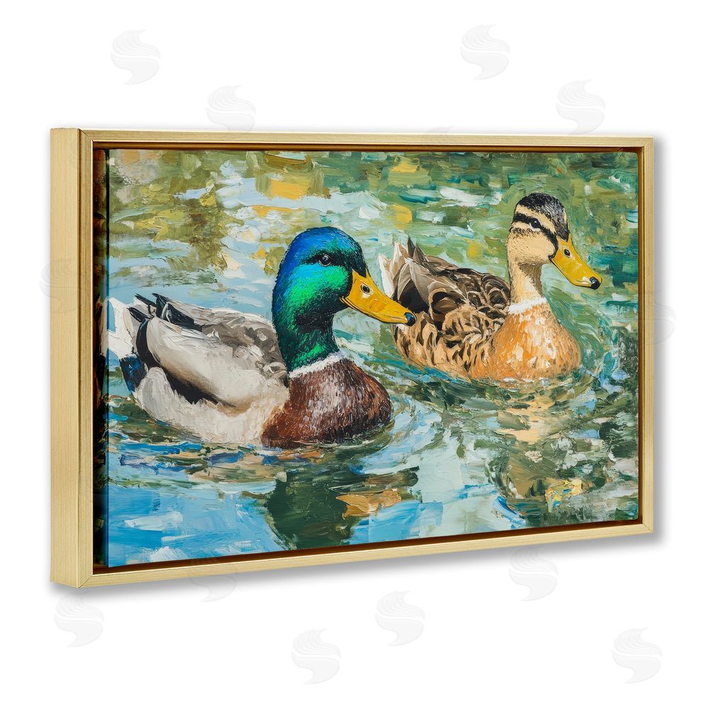 Petal Prints Design Ducks Out For A Swim Gold Floating Frame Canvas Wall Art Print
