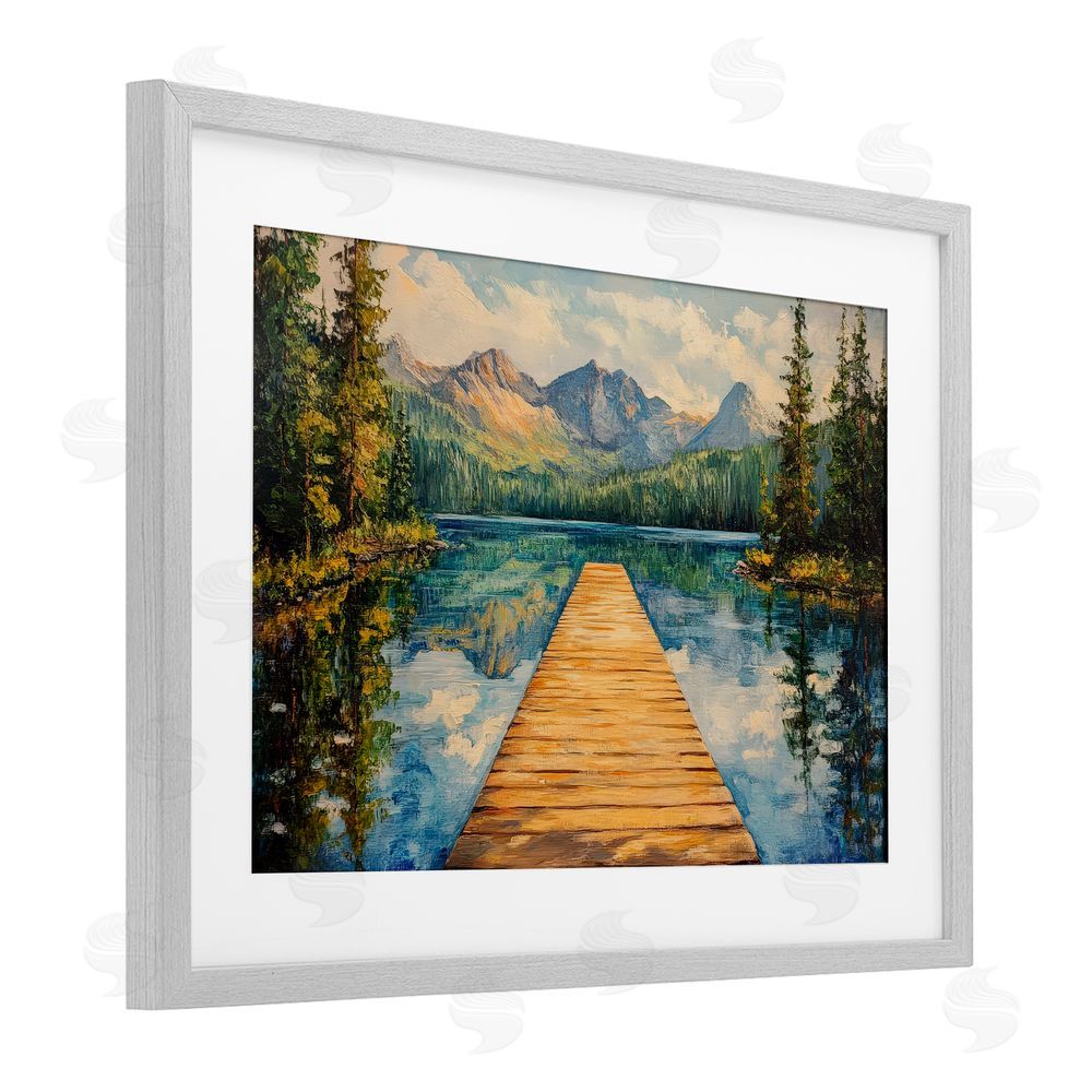 Petal Prints Design Dock in The Mountains Gray Framed Print Under Glass Wall Art