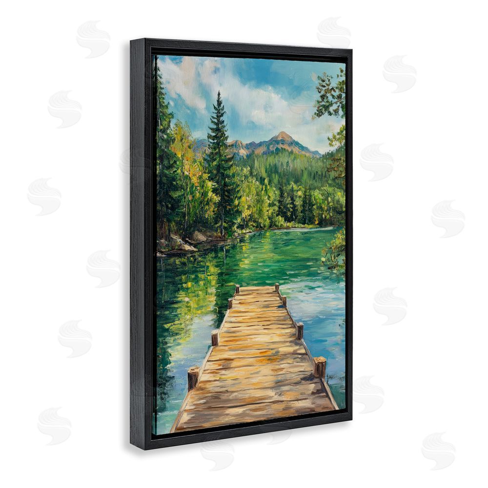 Petal Prints Design Sunlit River Dock Black Floating Framed Canvas Wall Art Print
