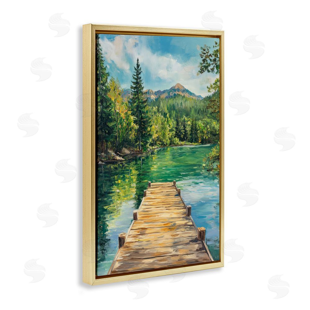 Petal Prints Design Sunlit River Dock Gold Floating Framed Canvas Wall Art Print