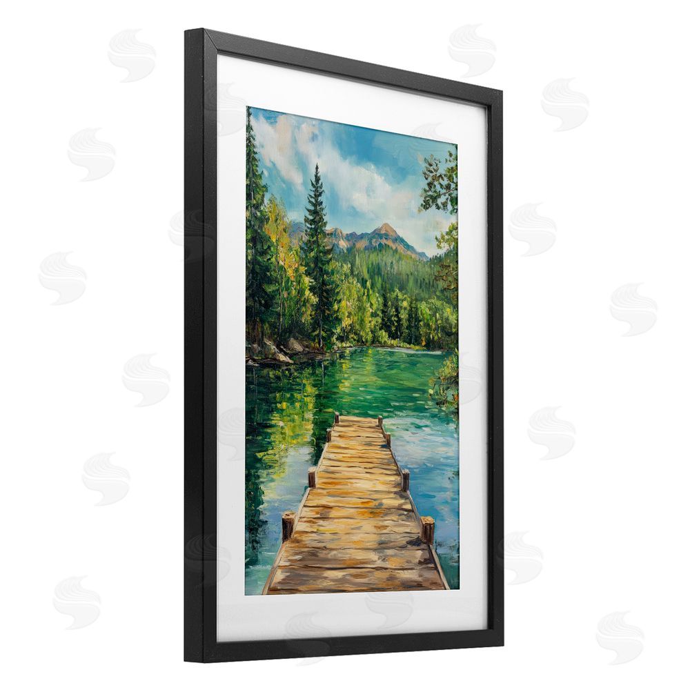 Petal Prints Design Sunlit River Dock Black Framed Print Under Glass with White Mat Wall Art
