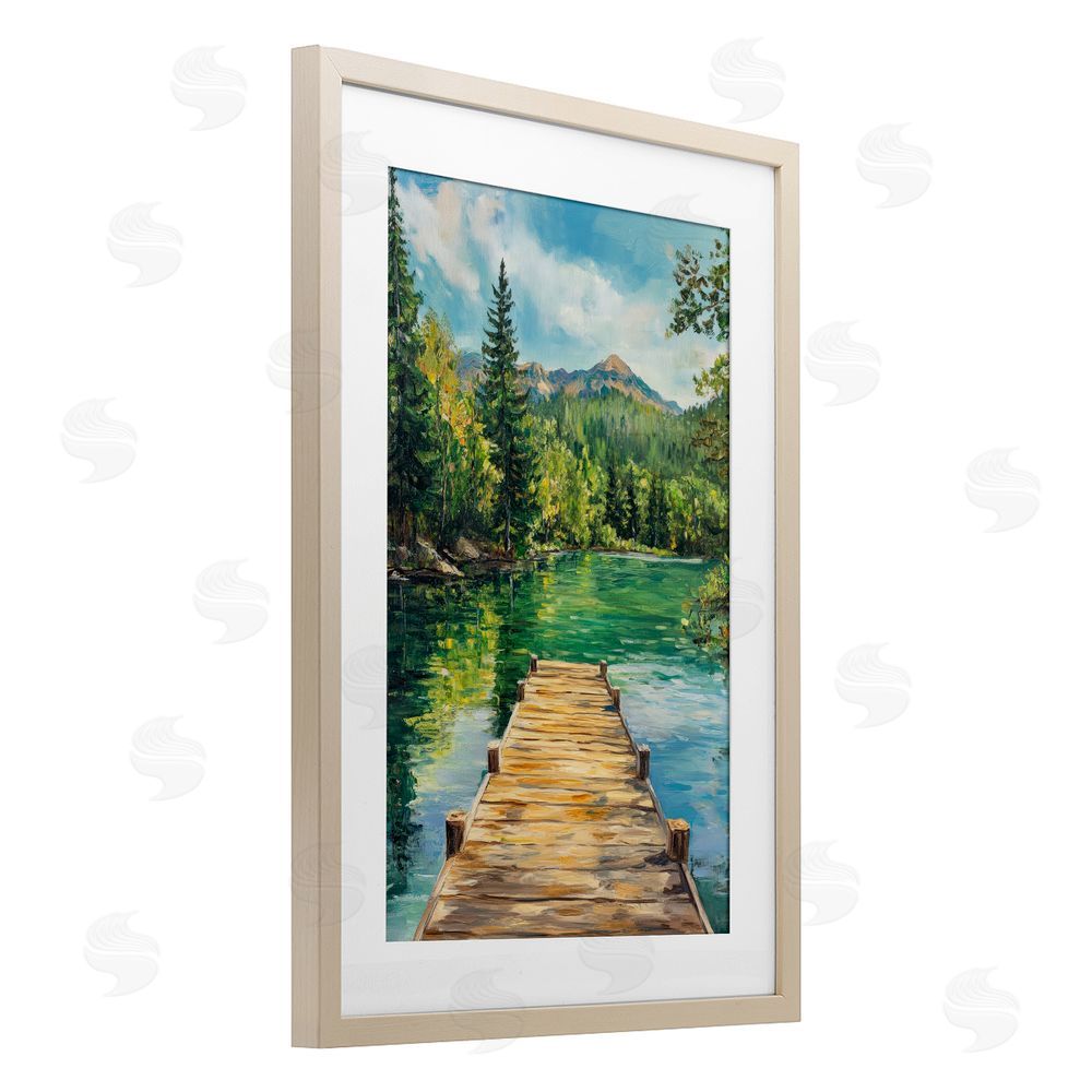 Petal Prints Design Sunlit River Dock Brown Framed Print Under Glass with White Mat Wall Art
