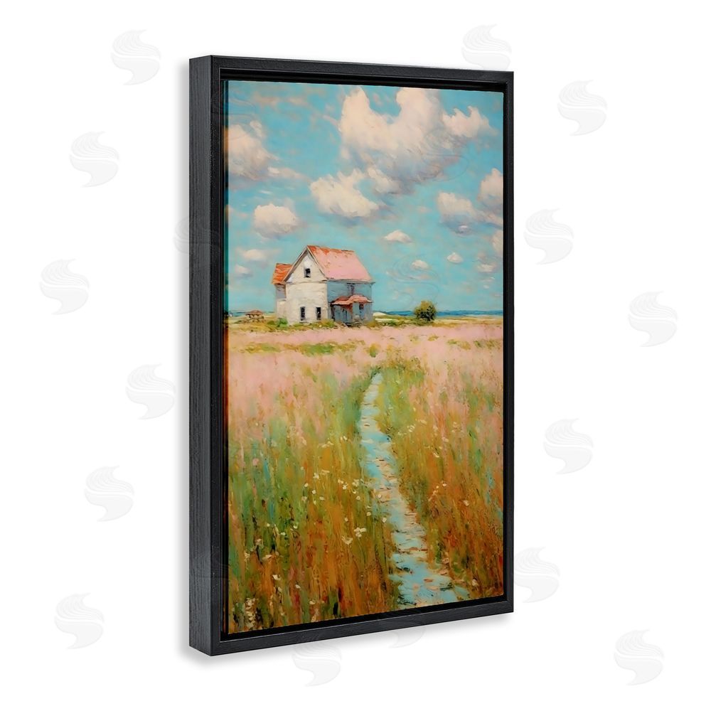 Creative Studio House in Field of Flowers Black Floating Framed Canvas Wall Art
