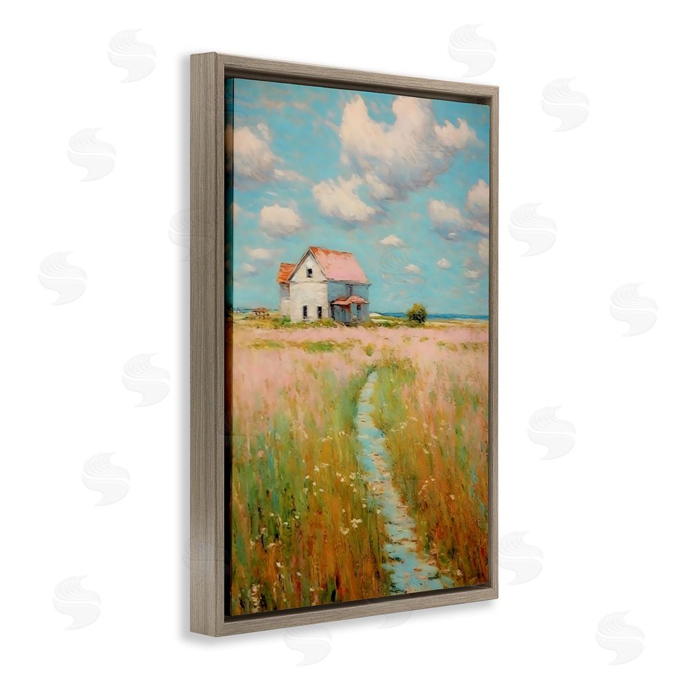 Creative Studio House in Field of Flowers Brown Floating Framed Canvas Wall Art