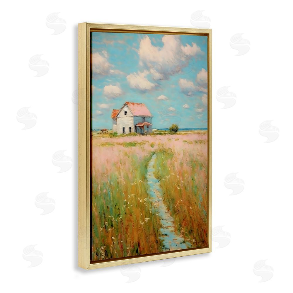 Creative Studio House in Field of Flowers Gold Floating Framed Canvas Wall Art