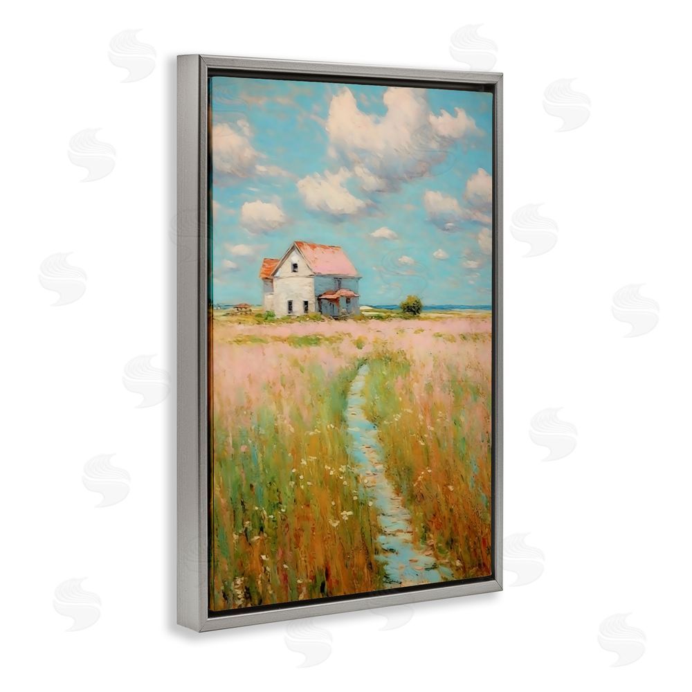 Creative Studio House in Field of Flowers Gray Floating Framed Canvas Wall Art