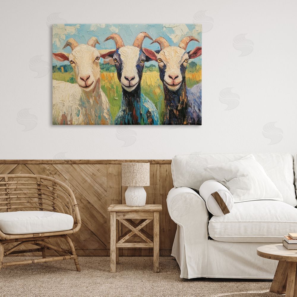 Petal Prints Design Billy Goats in Bright Pasture Stretched Canvas Wall Art Print in Room