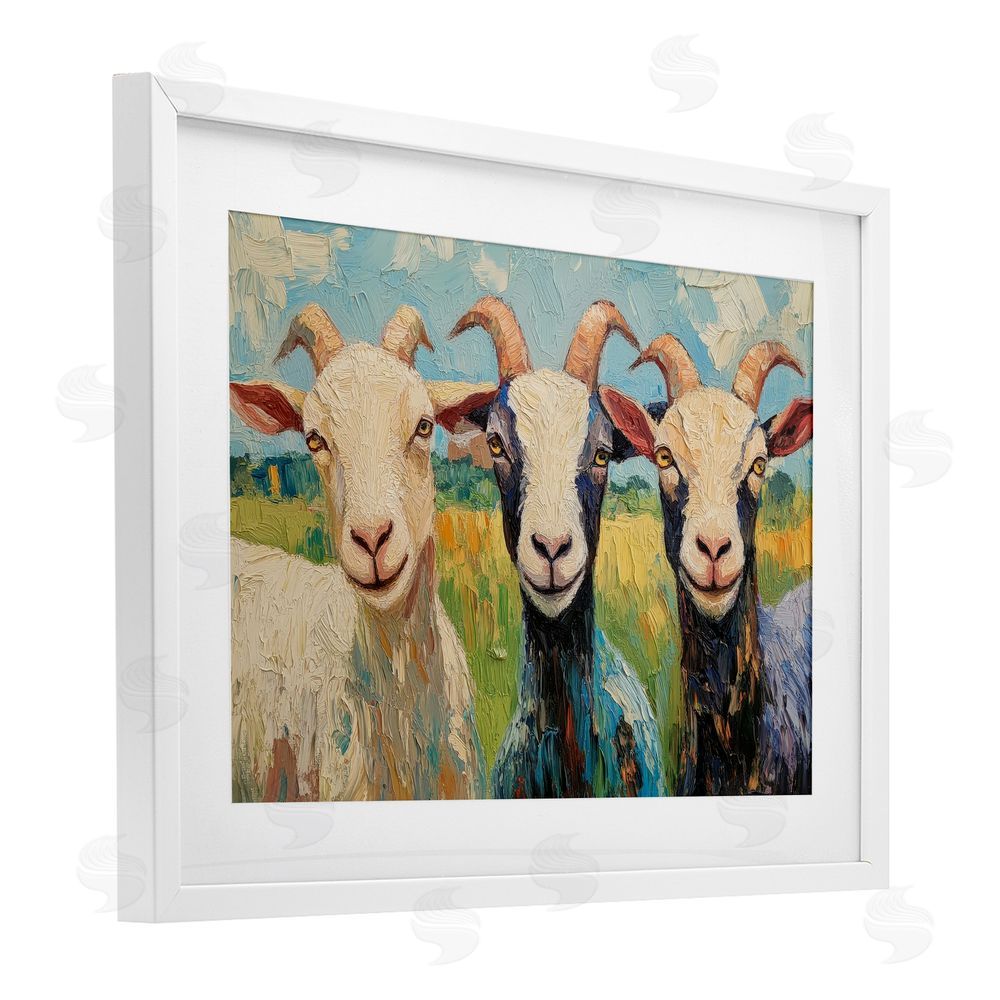 Petal Prints Design Billy Goats in Bright Pasture White Framed Print Under Glass with Matting Wall Art