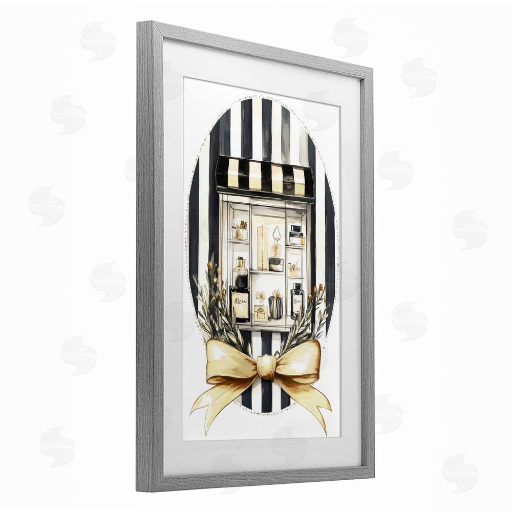 Petal Prints Design Maison Perfume Window Display Gray Framed Print Under Glass Wall Art