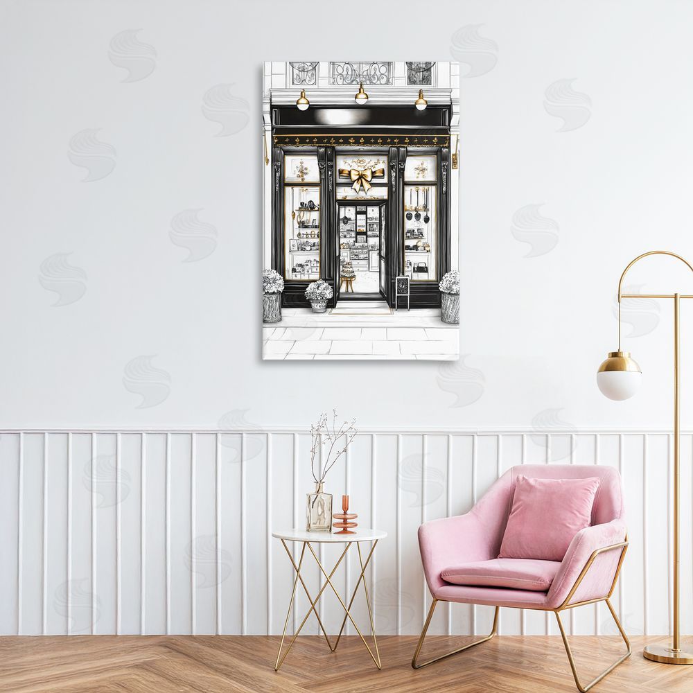 Petal Prints Design Glam Paris Shop Facade Stretched Canvas Wall Art in Room