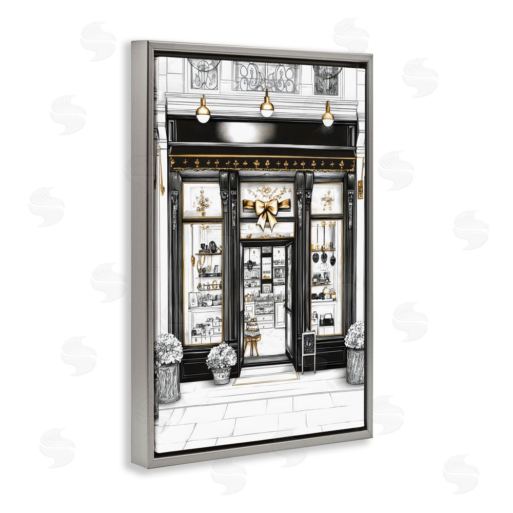 Petal Prints Design Glam Paris Shop Facade Gray Floating Framed Canvas Wall Art
