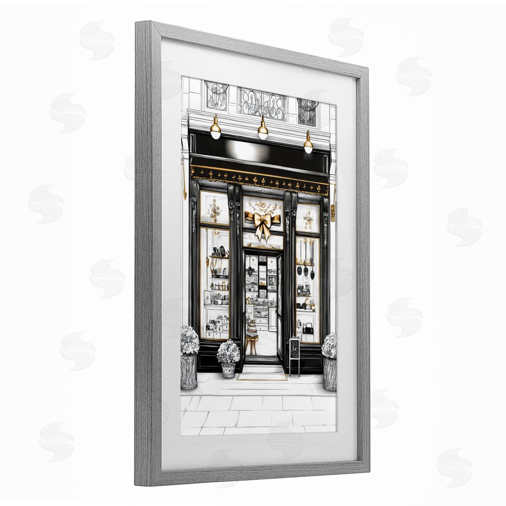 Petal Prints Design Glam Paris Shop Facade Gray Framed Print Under Glass Wall Art