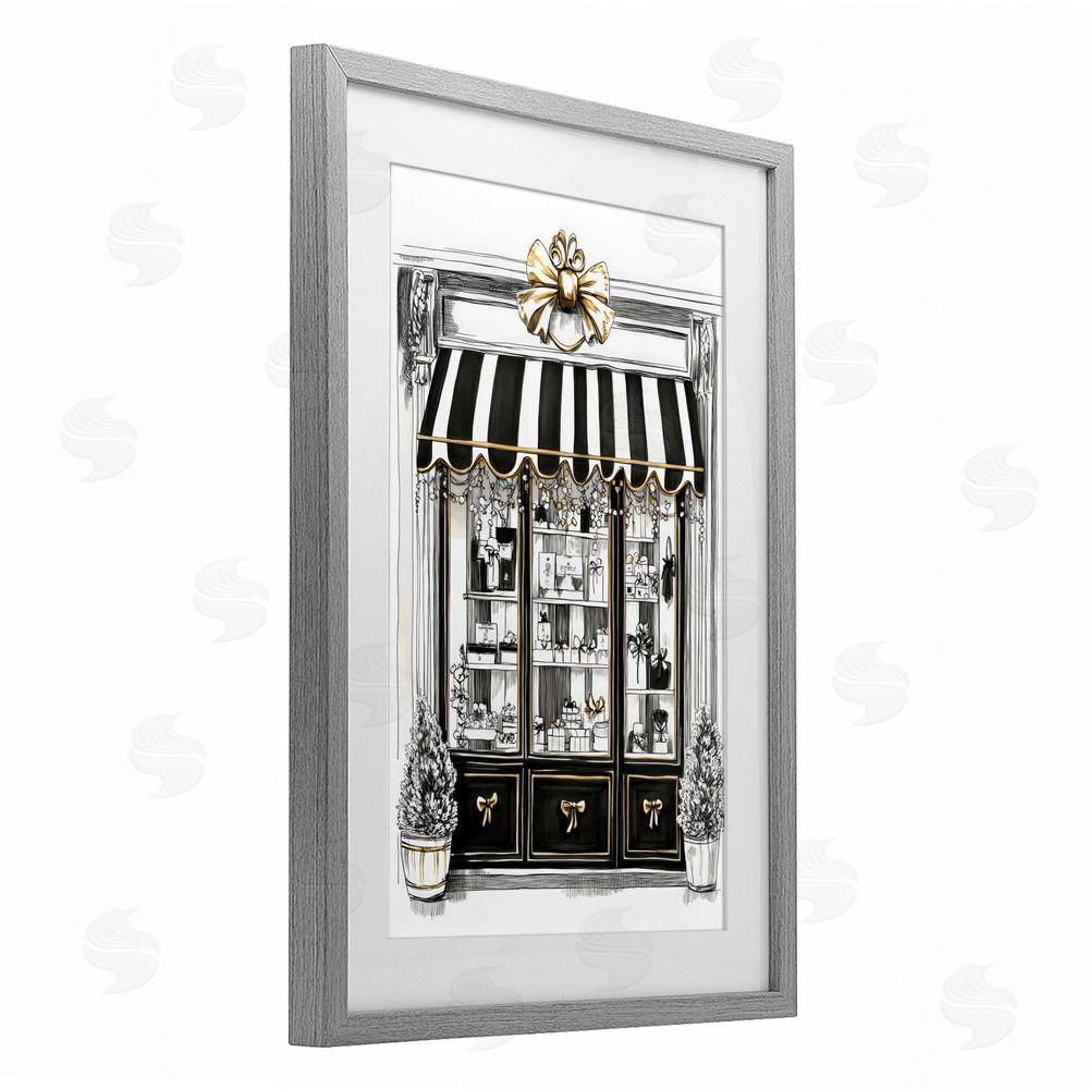 Petal Prints Design Striped Paris Shop Facade Gray Framed Print Under Glass with White Mat Wall Art