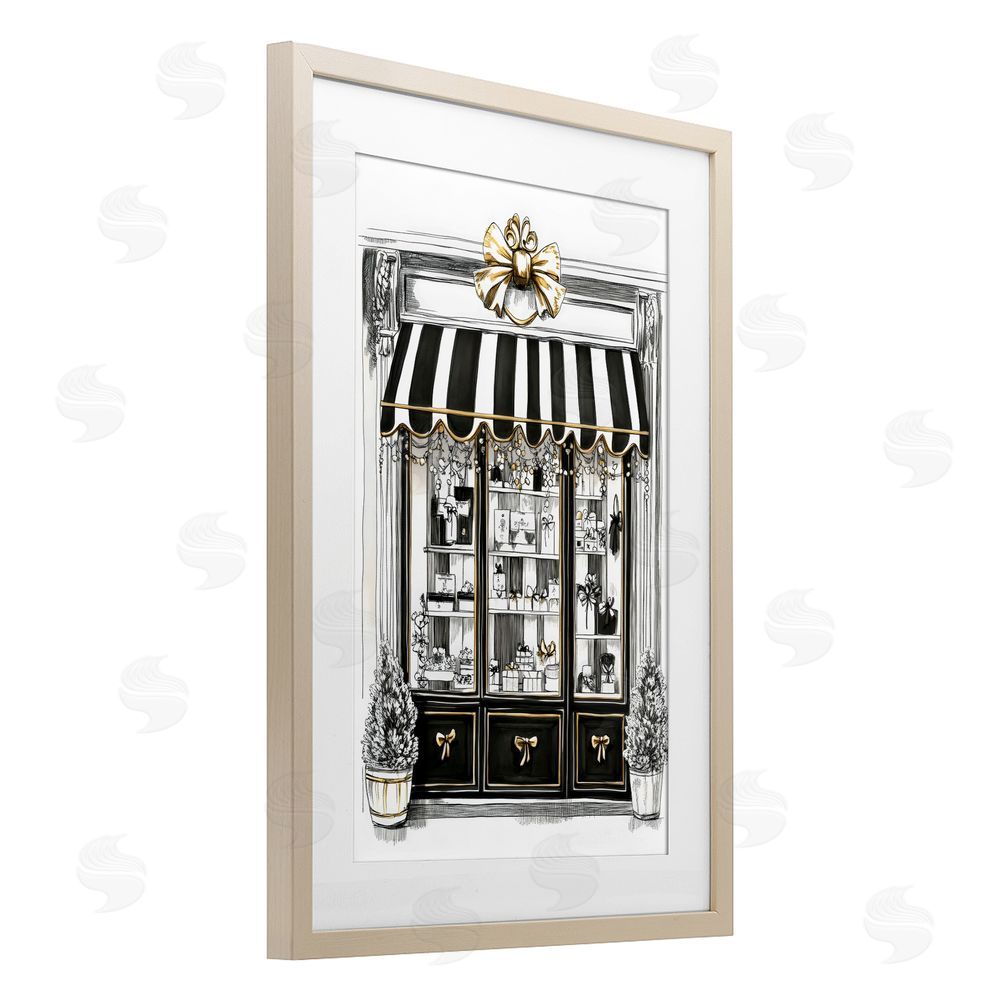 Petal Prints Design Striped Paris Shop Facade Brown Framed Print Under Glass with White Mat Wall Art