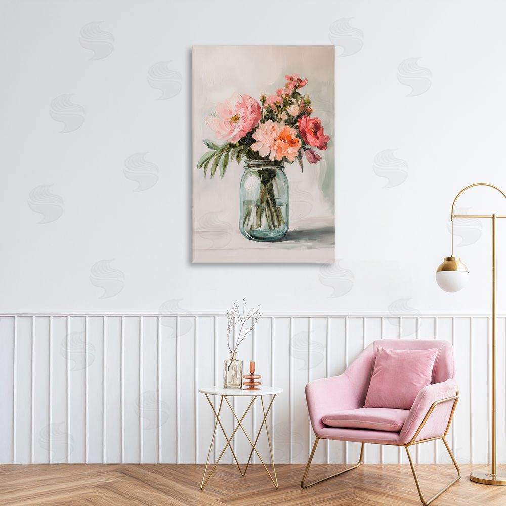 Petal Prints Design Pink Flower Stems in Jar Stretched Canvas Wall Art in Room