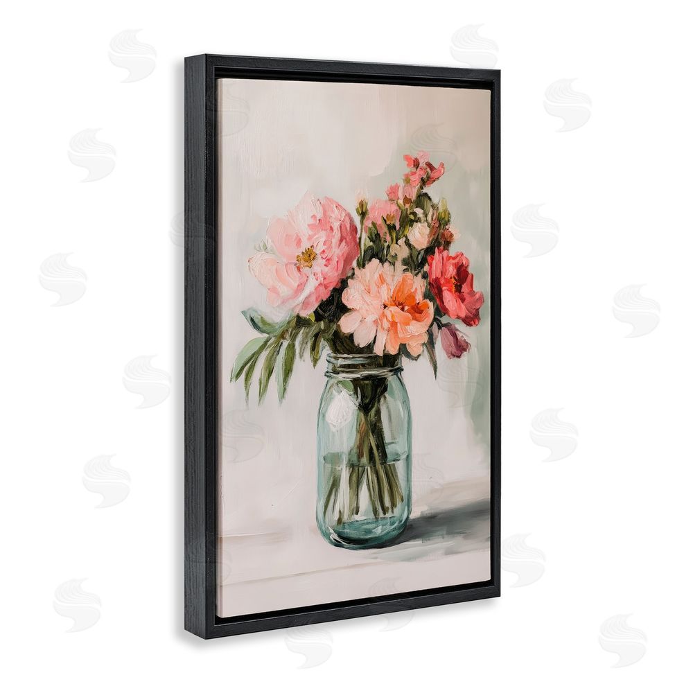 Petal Prints Design Pink Flower Stems in Jar Black Floating Framed Canvas Wall Art