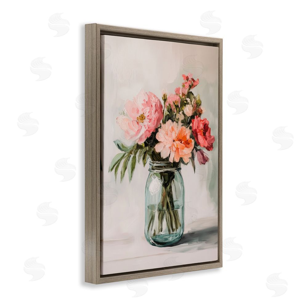 Petal Prints Design Pink Flower Stems in Jar Brown Floating Framed Canvas Wall Art