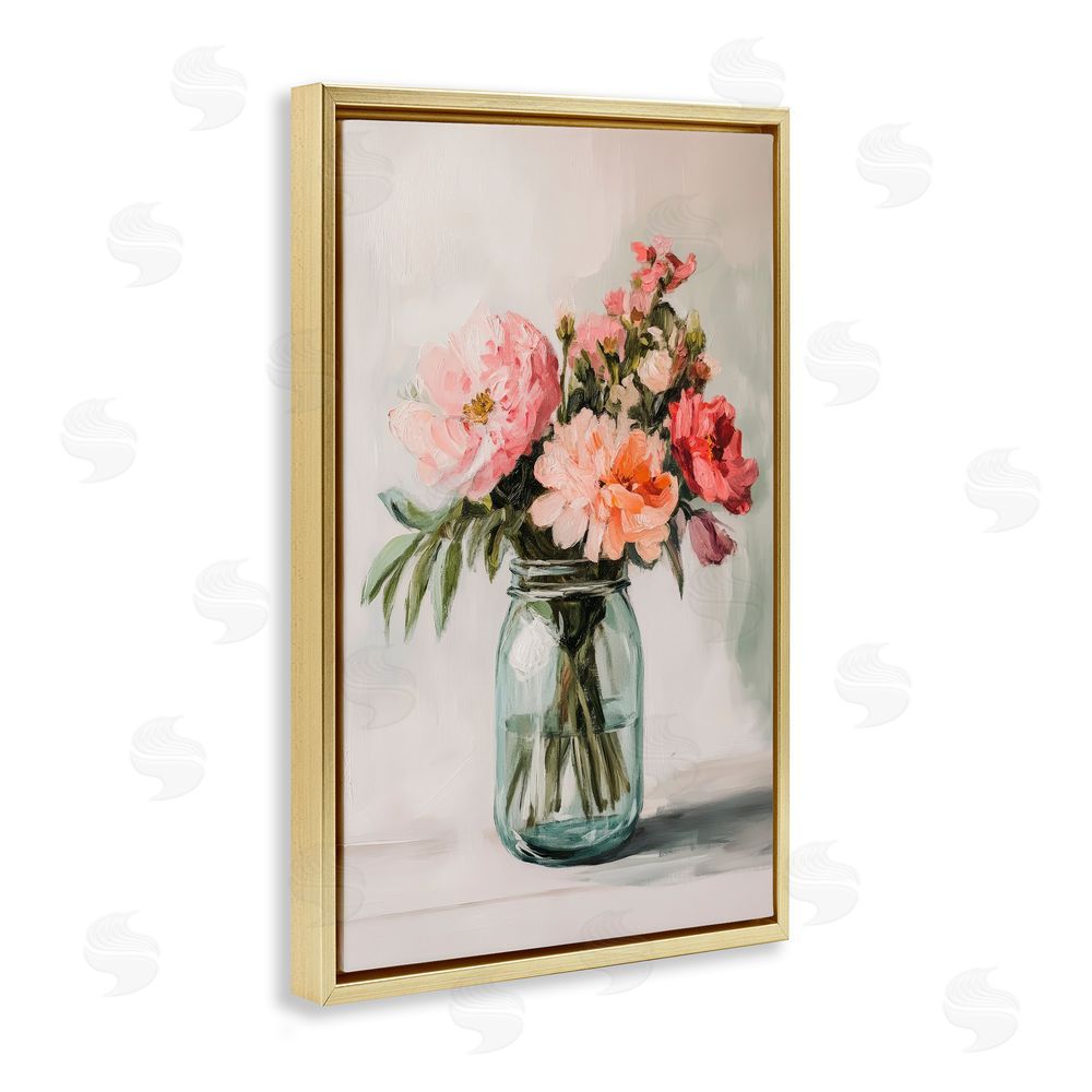 Petal Prints Design Pink Flower Stems in Jar Gold Floating Framed Canvas Wall Art