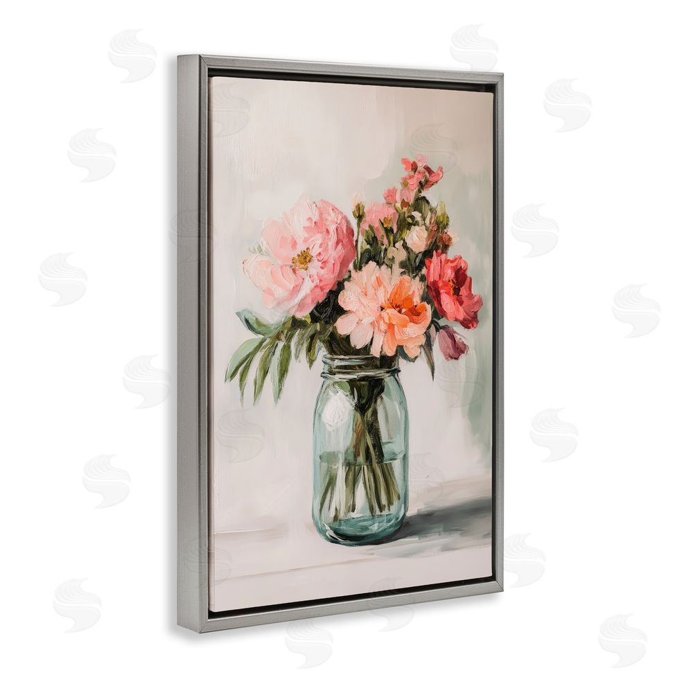 Petal Prints Design Pink Flower Stems in Jar Gray Floating Framed Canvas Wall Art