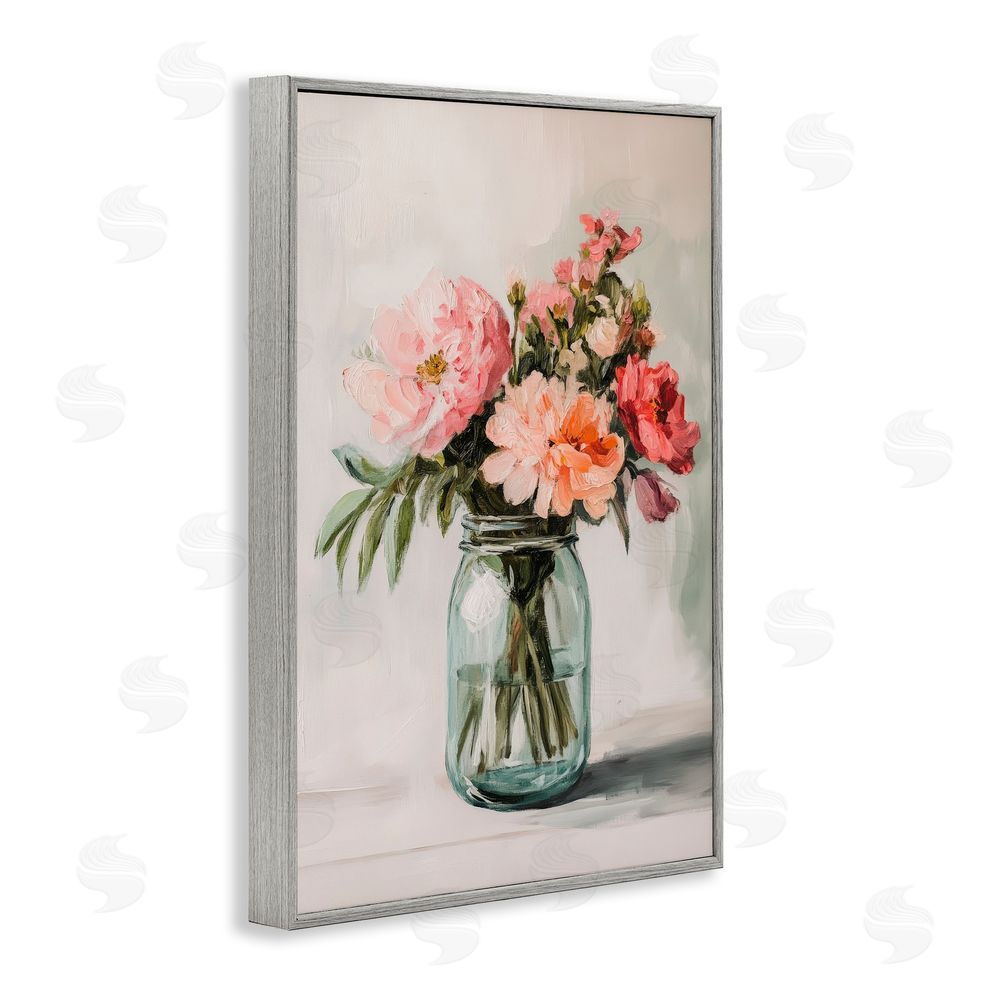 Petal Prints Design Pink Flower Stems in Jar Gray Framed Giclee Wall Art