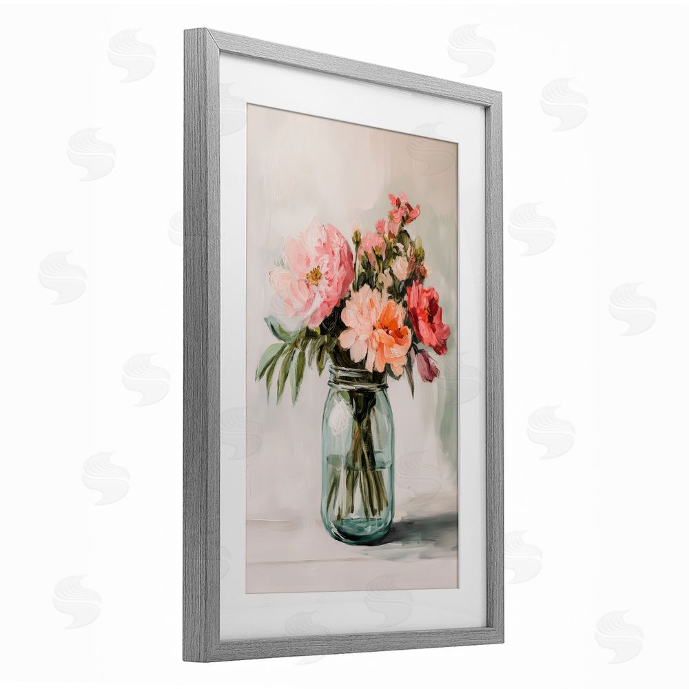 Petal Prints Design Pink Flower Stems in Jar Gray Framed Print Under Glass Wall Art