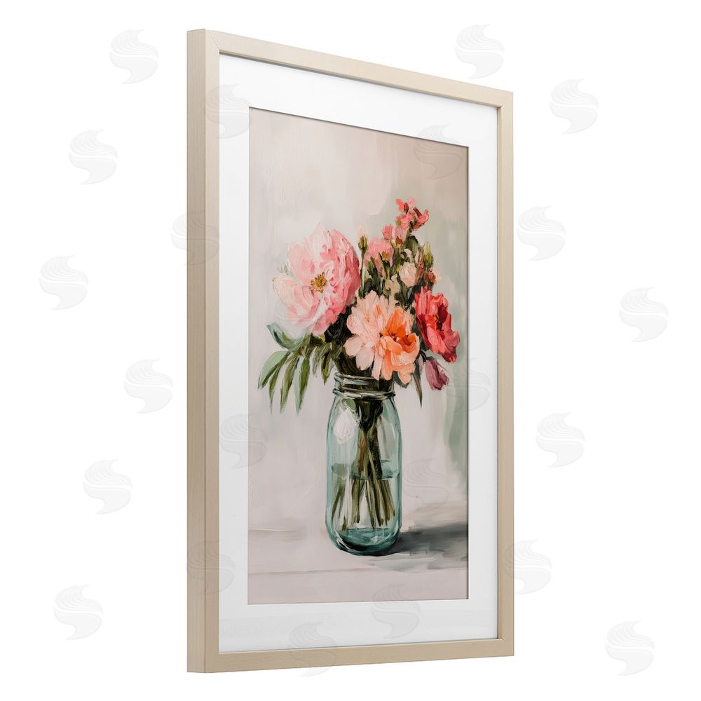 Petal Prints Design Pink Flower Stems in Jar Brown Framed Print Under Glass Wall Art