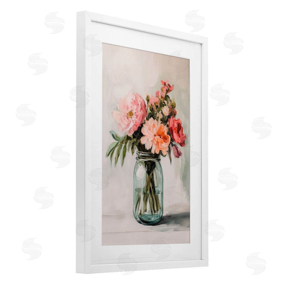 Petal Prints Design Pink Flower Stems in Jar White Framed Print Under Glass Wall Art