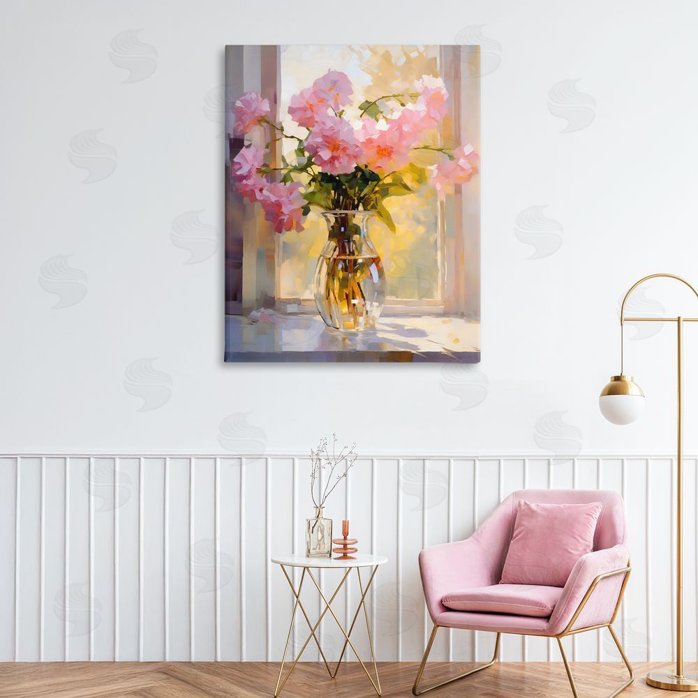 Creative Studio Pink Flowers in Sunlit Vase Stretched Canvas Wall Art in Room