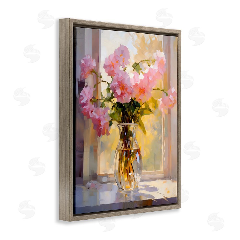 Creative Studio Pink Flowers in Sunlit Vase Brown Floating Framed Canvas Wall Art