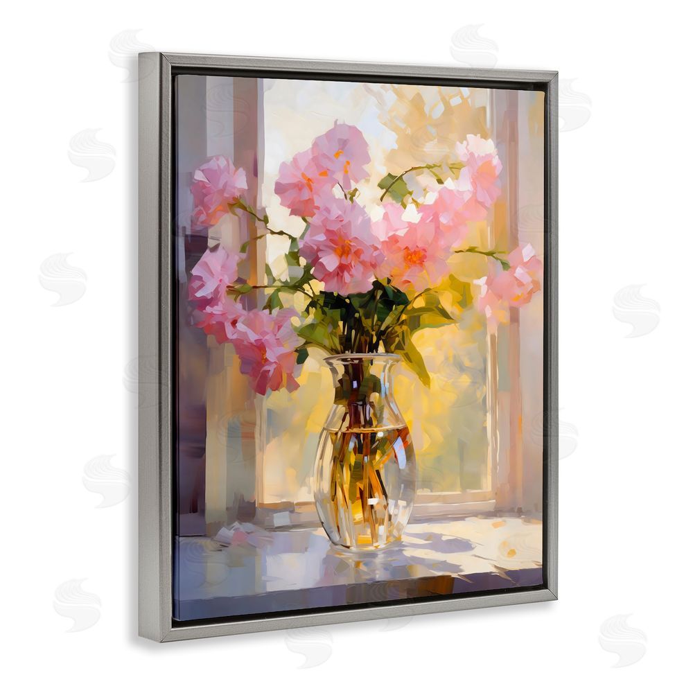 Creative Studio Pink Flowers in Sunlit Vase Gray Floating Framed Canvas Wall Art