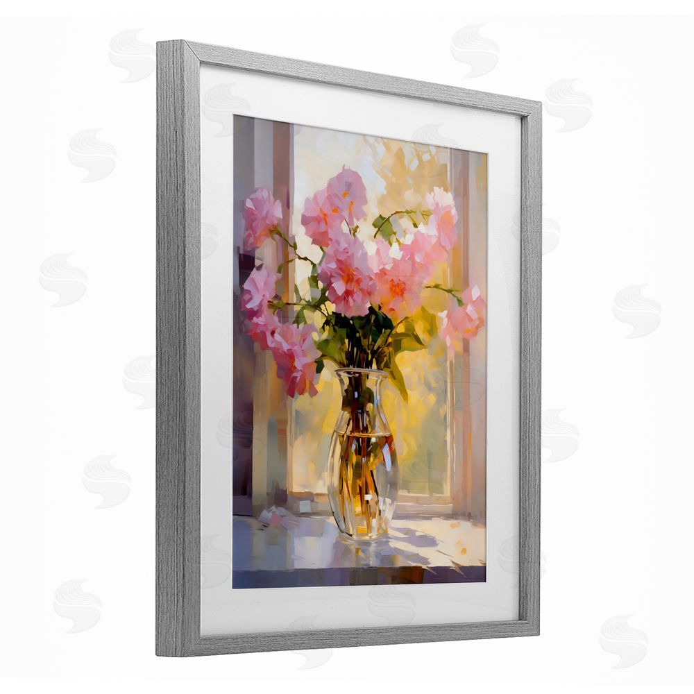 Creative Studio Pink Flowers in Sunlit Vase Gray Framed Print Under Glass Wall Art