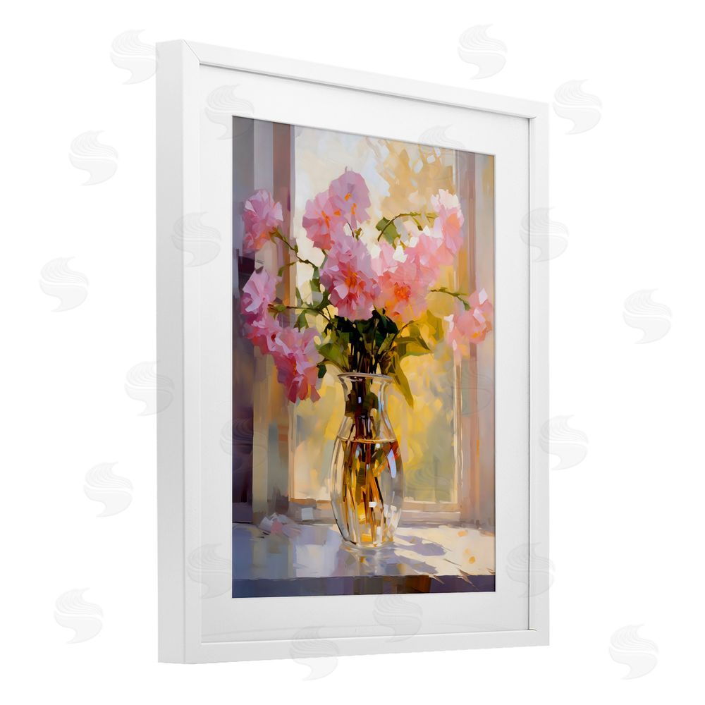 Creative Studio Pink Flowers in Sunlit Vase White Framed Print Under Glass Wall Art