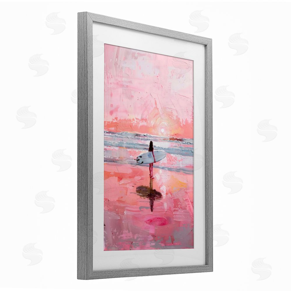 Creative Studio Surfer at Pink Sunset Gray Framed Print Under Glass with White Mat Wall Art