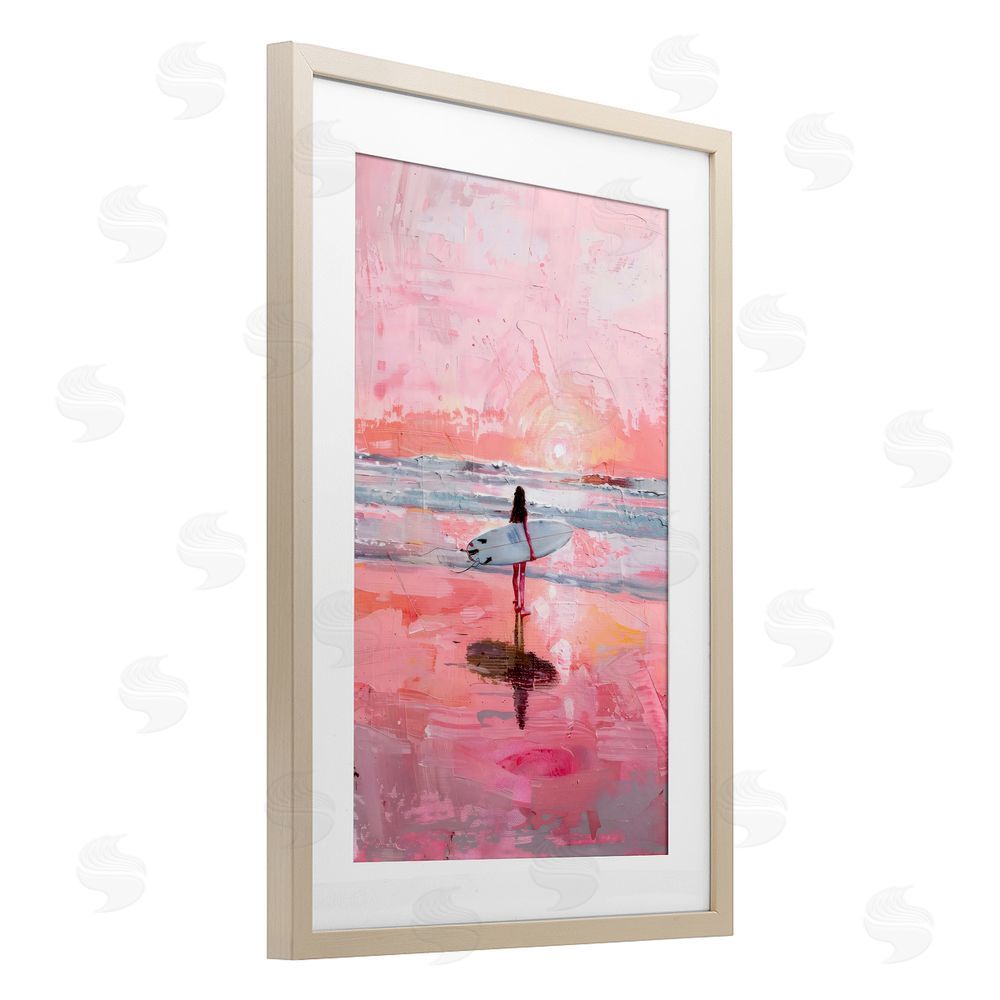 Creative Studio Surfer at Pink Sunset Brown Framed Print Under Glass with White Mat Wall Art