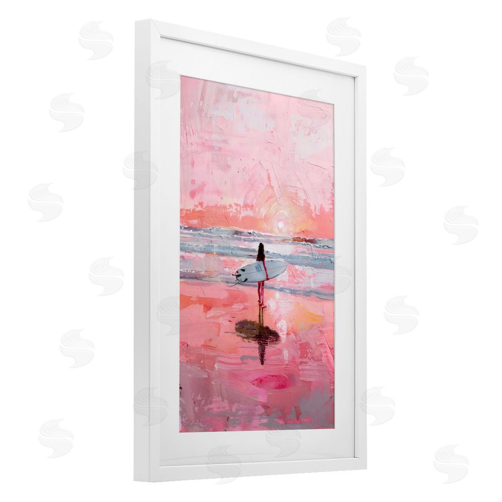 Creative Studio Surfer at Pink Sunset White Framed Print Under Glass with White Mat Wall Art