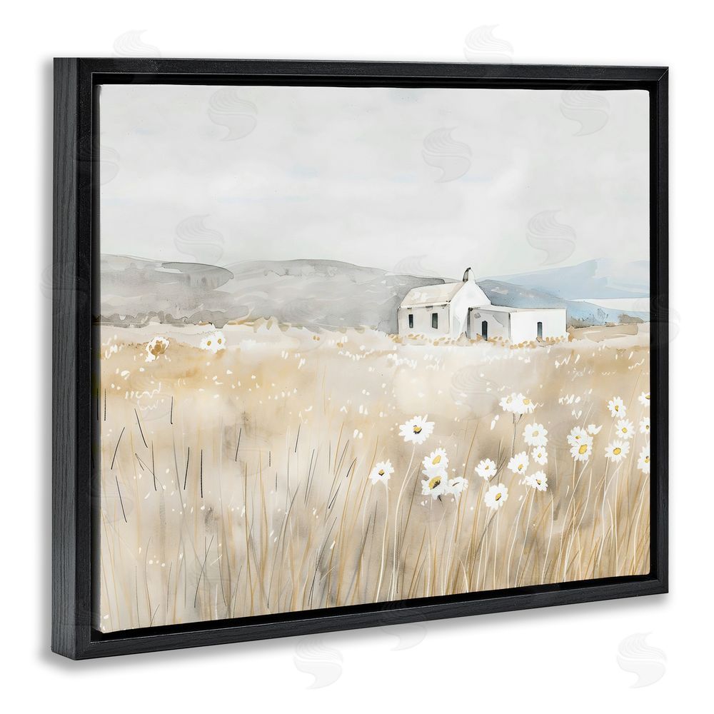 Creative Studio Rustic Landscape Daisy Meadow Black Floating Framed Canvas Wall Art