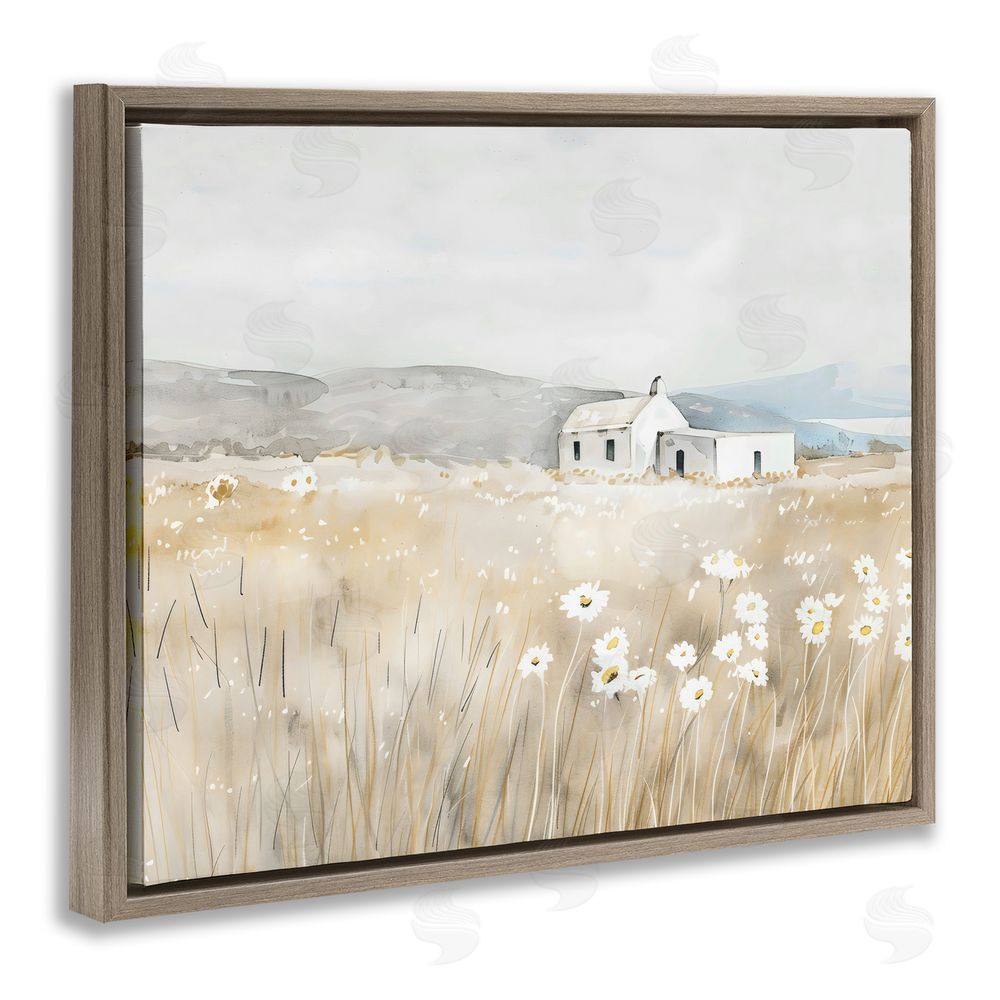 Creative Studio Rustic Landscape Daisy Meadow Brown Floating Framed Canvas Wall Art