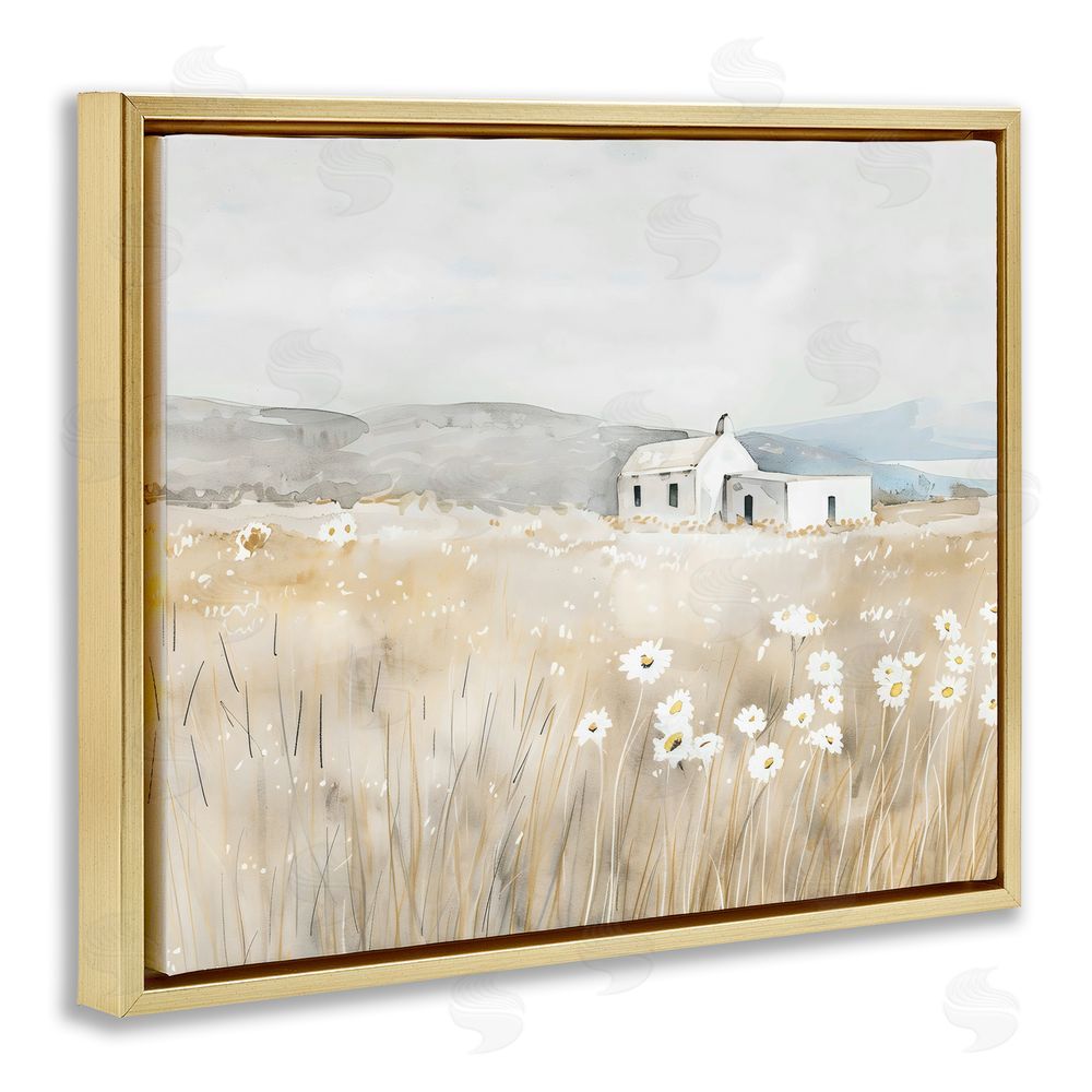 Creative Studio Rustic Landscape Daisy Meadow Gold Floating Framed Canvas Wall Art
