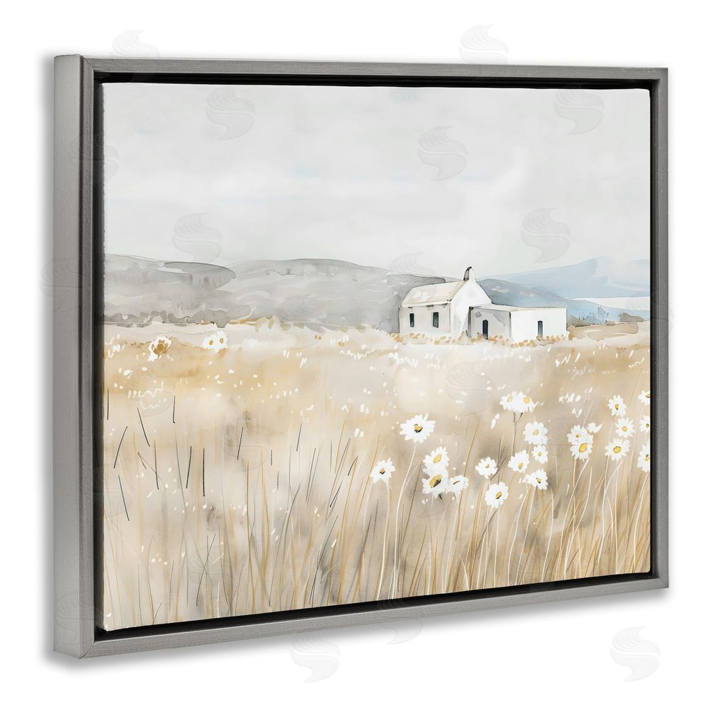 Creative Studio Rustic Landscape Daisy Meadow Gray Floating Framed Canvas Wall Art