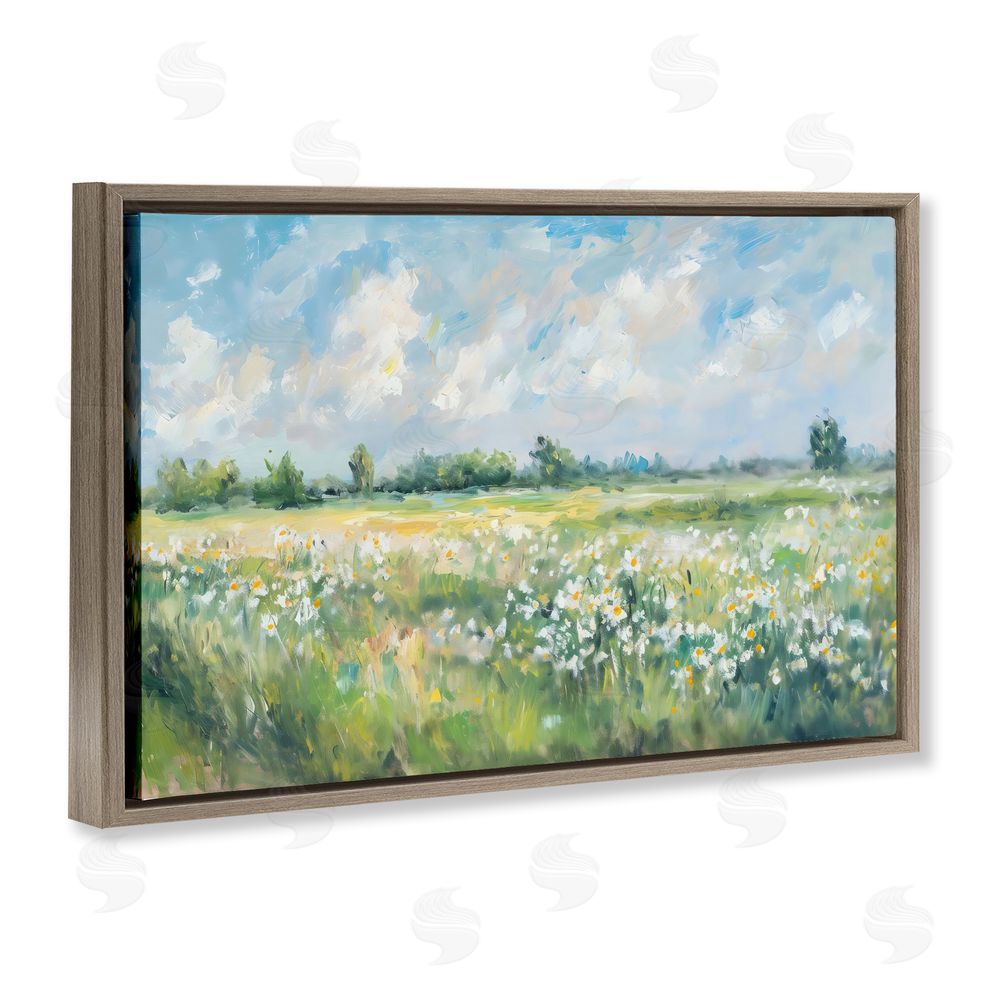 Creative Studio Daisy Field Landscape Impression Brown Floating Frame Canvas Wall Art Print