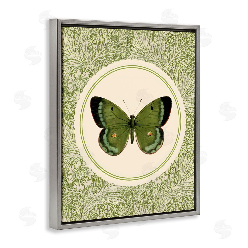 LSR Design Studio Green Butterfly Botanical Medallion Gray Floating Framed Canvas Wall Art