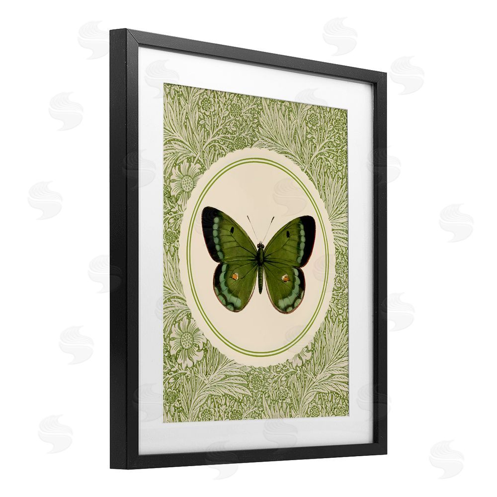 LSR Design Studio Green Butterfly Botanical Medallion Black Framed Print Under Glass Wall Art